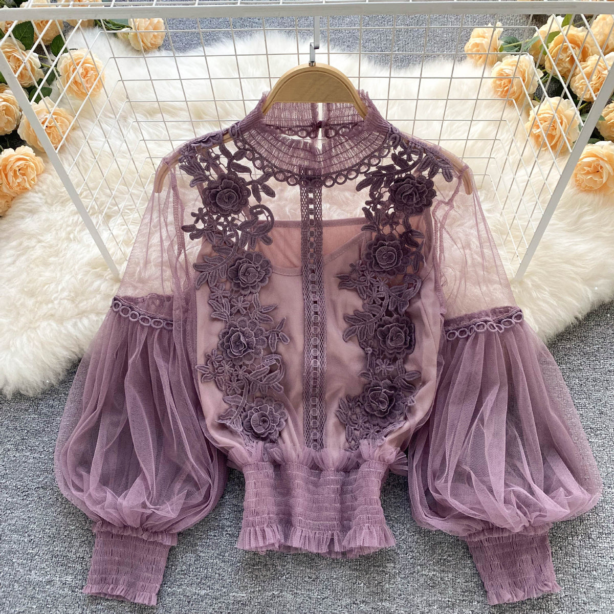 The Lumière Lace Lantern-Sleeve Top – image 9