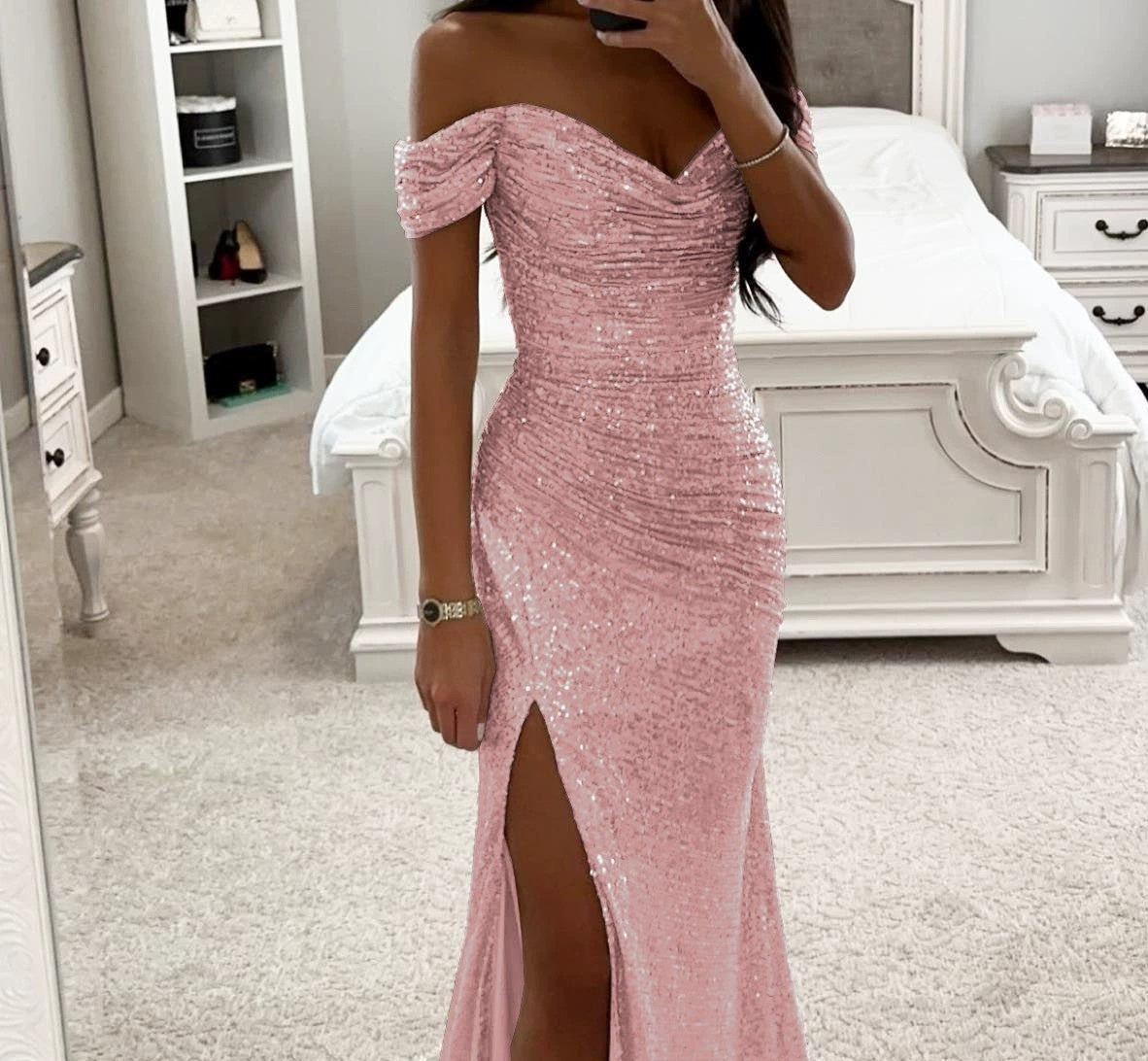 The Champagne Off-Shoulder Sequin Gown – image 19