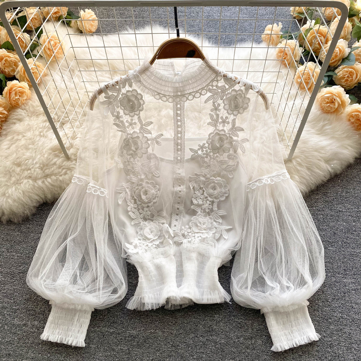 The Lumière Lace Lantern-Sleeve Top – image 1