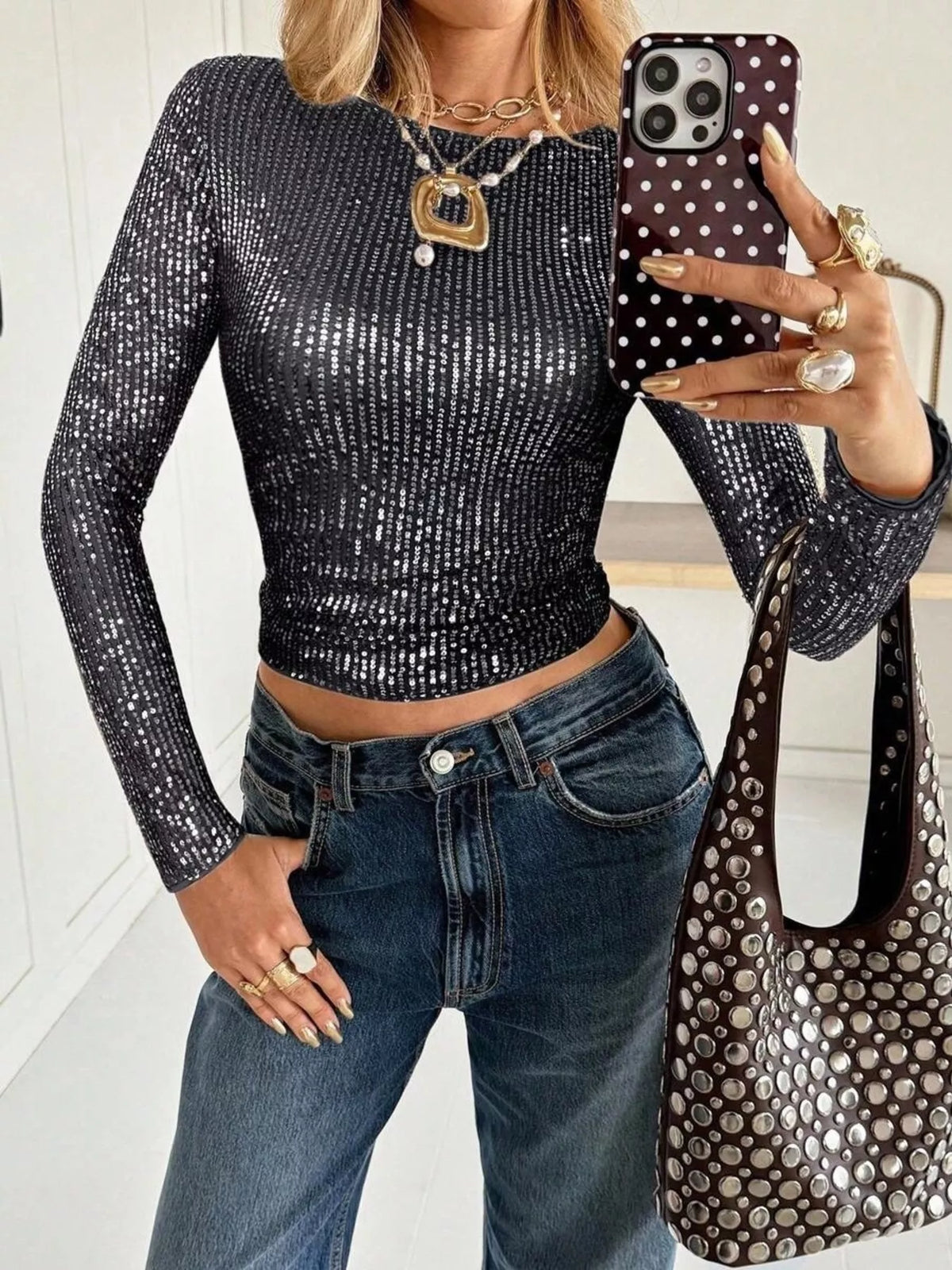 The Sequin Long-Sleeve Crop Top – image 1