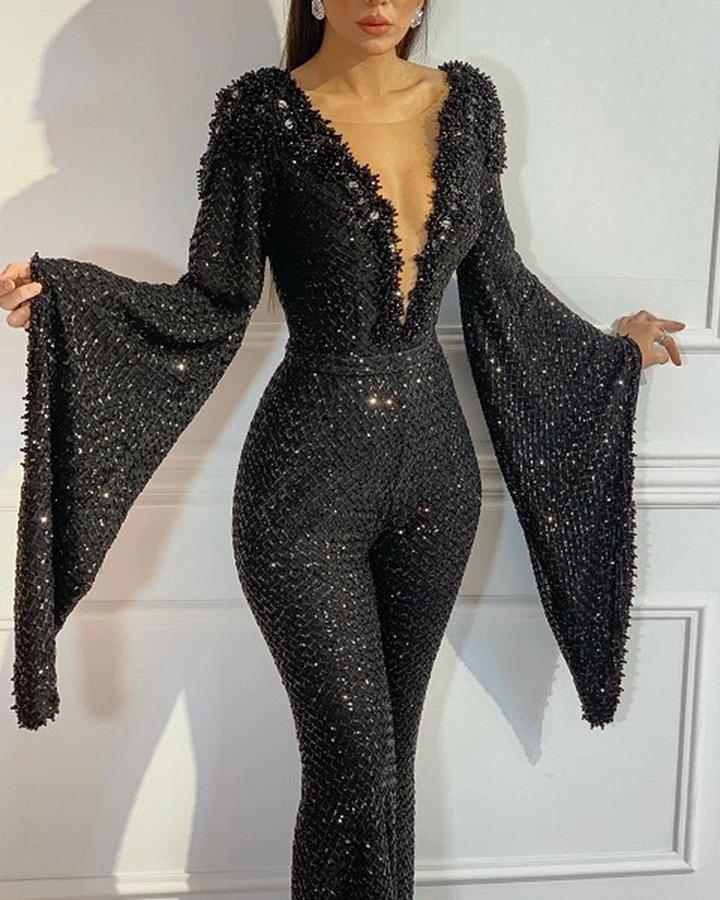 The Midnight Bell-Sleeve Sequin Jumpsuit – image 3