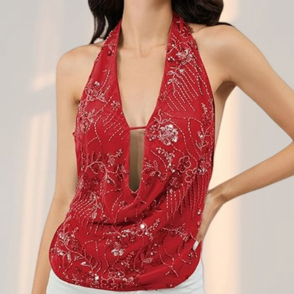 The Plunge Sequin Halter Top