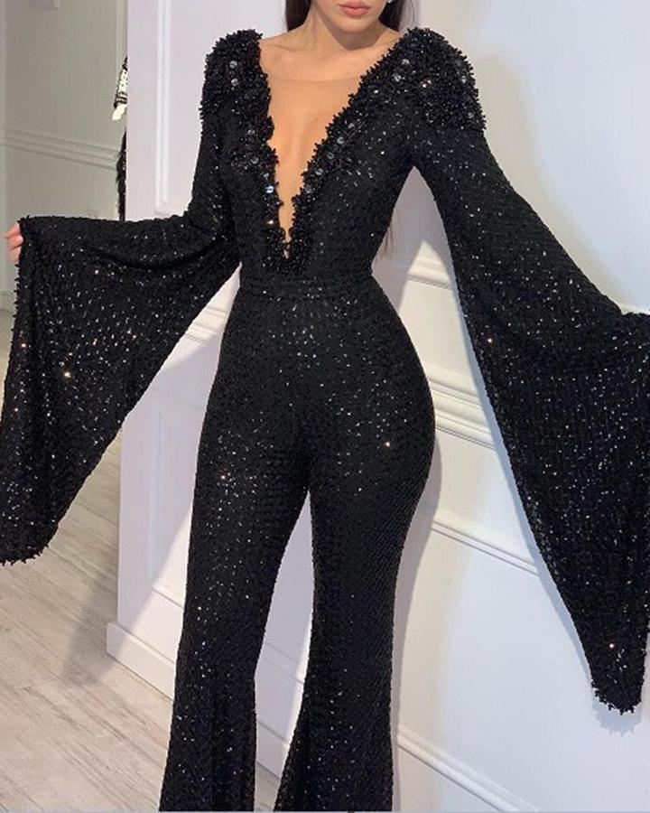 The Midnight Bell-Sleeve Sequin Jumpsuit – image 4