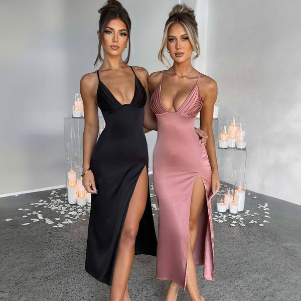 The Afterglow Plunge Satin Split Maxi