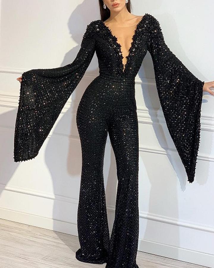 The Midnight Bell-Sleeve Sequin Jumpsuit – image 5