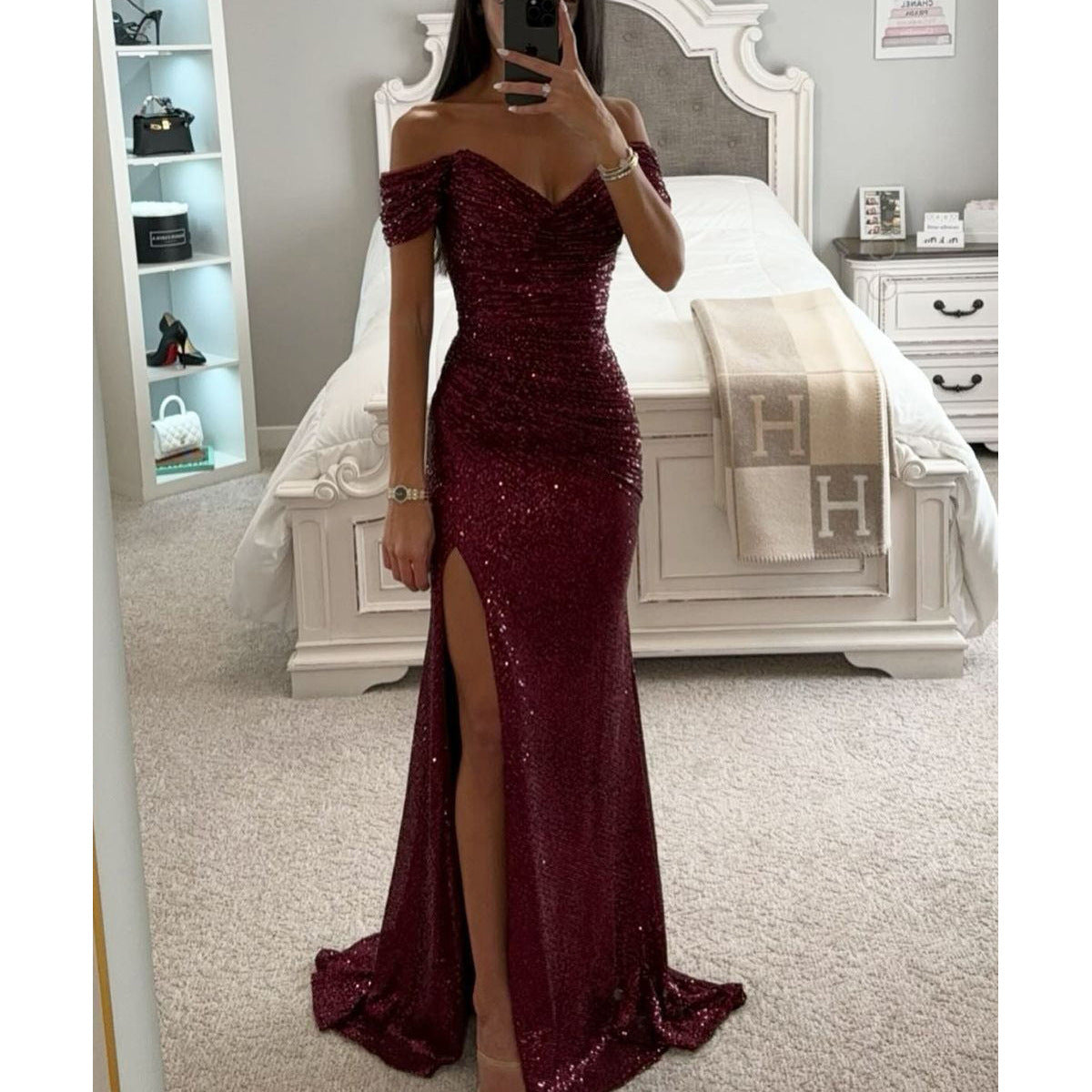 The Champagne Off-Shoulder Sequin Gown – image 22
