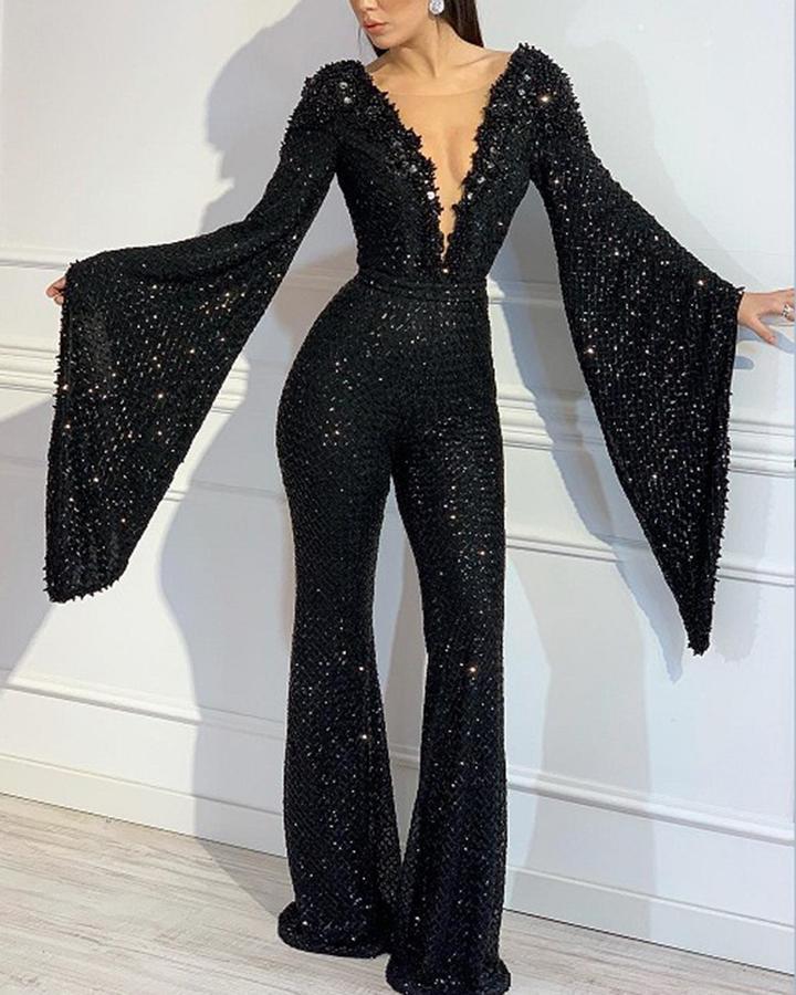 The Midnight Bell-Sleeve Sequin Jumpsuit – image 2